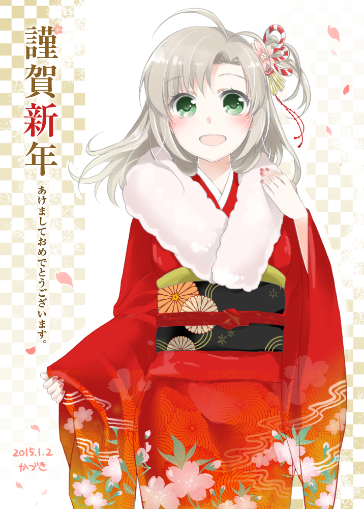 1girl blush dated green_eyes japanese_clothes kadzuki_kan kantai_collection kimono kinugasa_(kantai_collection) looking_at_viewer smile solo