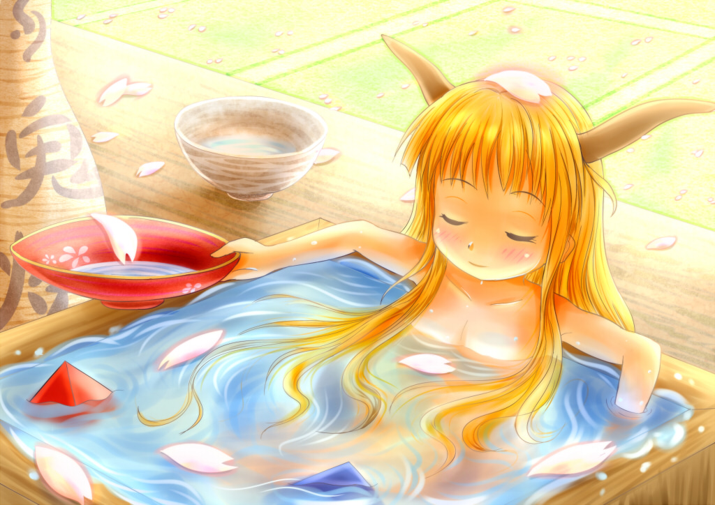 1girl bathing blush choko_(cup) closed_eyes horns ibuki_suika light_smile long_hair masu minigirl orange_hair petals sakazuki siro_(doraemon40th) solo tokkuri touhou veranda