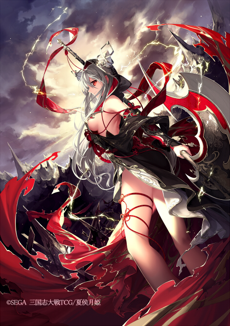 1girl breasts clouds grey_hair holding holding_weapon hood long_hair looking_at_viewer mountain nekonabe_ao polearm red_eyes revealing_clothes sangokushi_taisen sideboob smile solo weapon