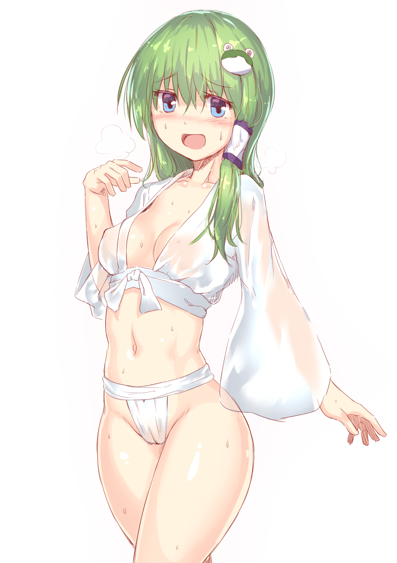 1girl bangs blue_eyes blush collarbone cowboy_shot eyebrows eyebrows_visible_through_hair frog_hair_ornament fundoshi green_hair hair_ornament hair_tubes kochiya_sanae long_sleeves looking_at_viewer masa07240 navel open_mouth simple_background solo standing sweat touhou wet white_background yamakasa