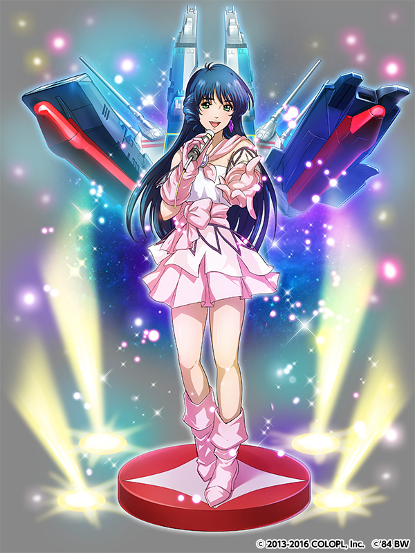 1girl ankle_boots artist_request bare_legs bare_shoulders blue_hair boots bow brooch cannon choujikuu_yousai_macross commentary copyright_request crystal_earrings daedalus dress earrings faux_figurine full_body gem gloves green_eyes idol jewelry layered_dress long_hair looking_at_viewer lynn_minmay machinery macross macross:_do_you_remember_love? mecha outstretched_arm outstretched_hand pink_boots pink_bow pink_dress pink_gloves pink_skirt prometheus_(ship) round_teeth science_fiction sdf-1 skirt solo space_craft sparkle stage_lights storm_attacker teeth turret u.n._spacy