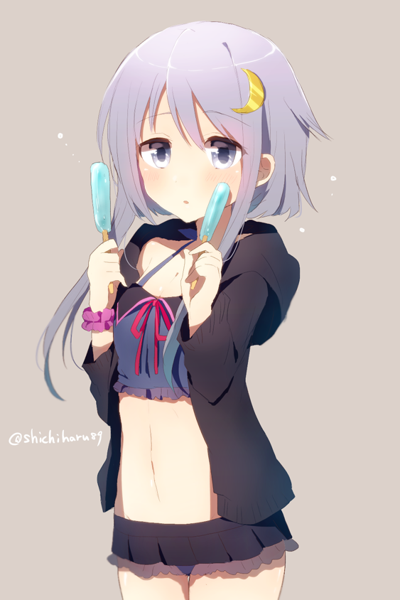 1girl blue_eyes crescent crescent_hair_ornament crop_top food hair_ornament harusawa holding holding_food kantai_collection long_hair midriff miniskirt navel open_mouth popsicle purple_hair scrunchie skirt smile solo swimsuit swimsuit_under_clothes twitter_username wrist_cuffs yayoi_(kantai_collection)