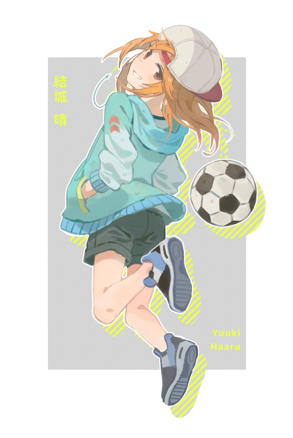 1girl backwards_hat ball baseball_cap black_shorts border brown_eyes character_name from_behind full_body grey_background grin hagino_(axgh) hands_in_pockets hat hood hood_down hoodie idolmaster idolmaster_cinderella_girls jumping long_hair long_sleeves looking_back orange_hair shoe_soles shoes shorts sidelocks silhouette simple_background smile sneakers soccer_ball solo tassel white_background white_border yuuki_haru