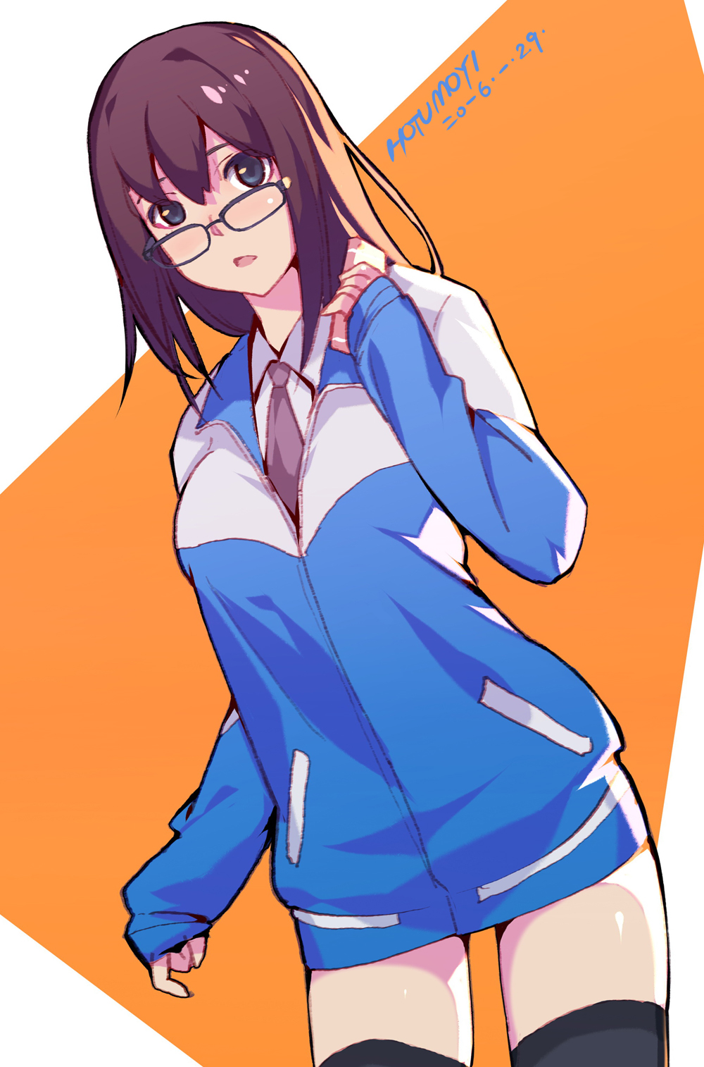 1girl brown_hair glasses highres hotumoyi jacket long_hair open_mouth solo thigh-highs track_jacket