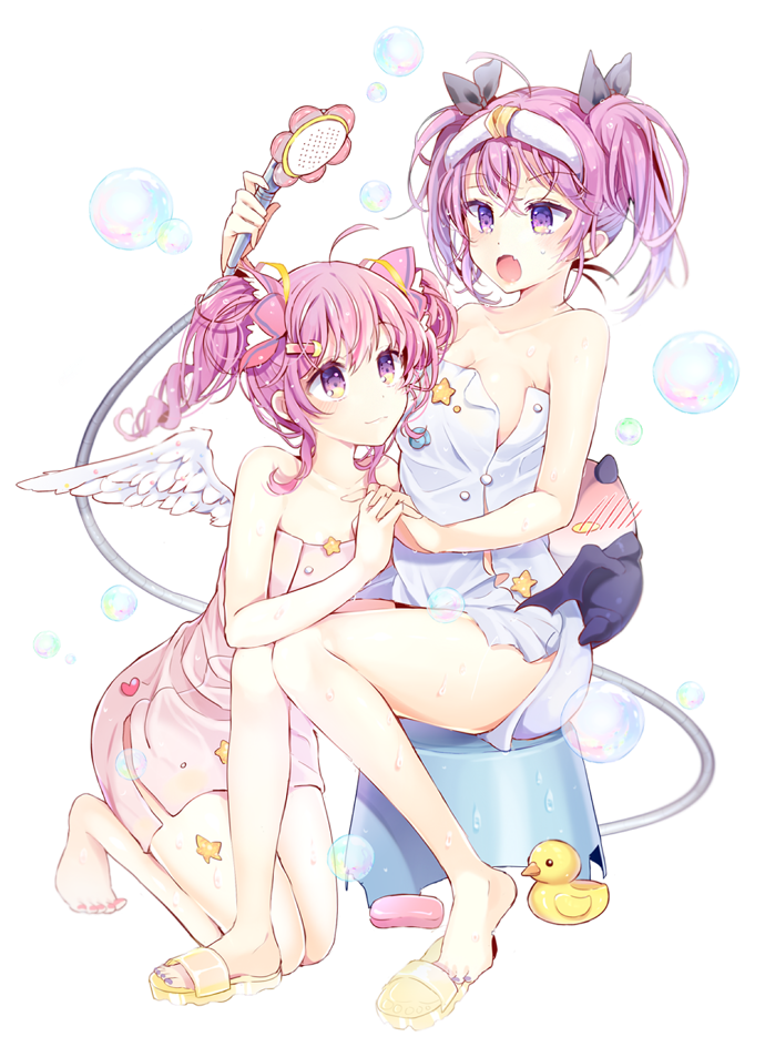 2girls :o aisha_(elsword) angkor_(elsword) bath_stool bubble dimension_witch_(elsword) dual_persona elsword multiple_girls pinb purple_hair rubber_duck sandals short_hair short_twintails shower_head sitting stool toenail_polish towel twintails violet_eyes void_princess_(elsword) white_background white_wings wings