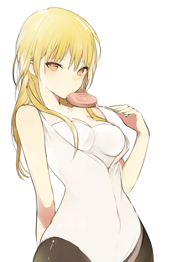 1girl :| arm_behind_back bare_shoulders black_legwear blonde_hair blush breasts candy cleavage closed_mouth collarbone covered_navel cowboy_shot expressionless food from_side hair_between_eyes hips holding holding_food leotard lollipop looking_at_viewer lp_(hamasa00) orange_eyes pantyhose sidelocks simple_background skin_tight slender_waist solo tsurime white_background