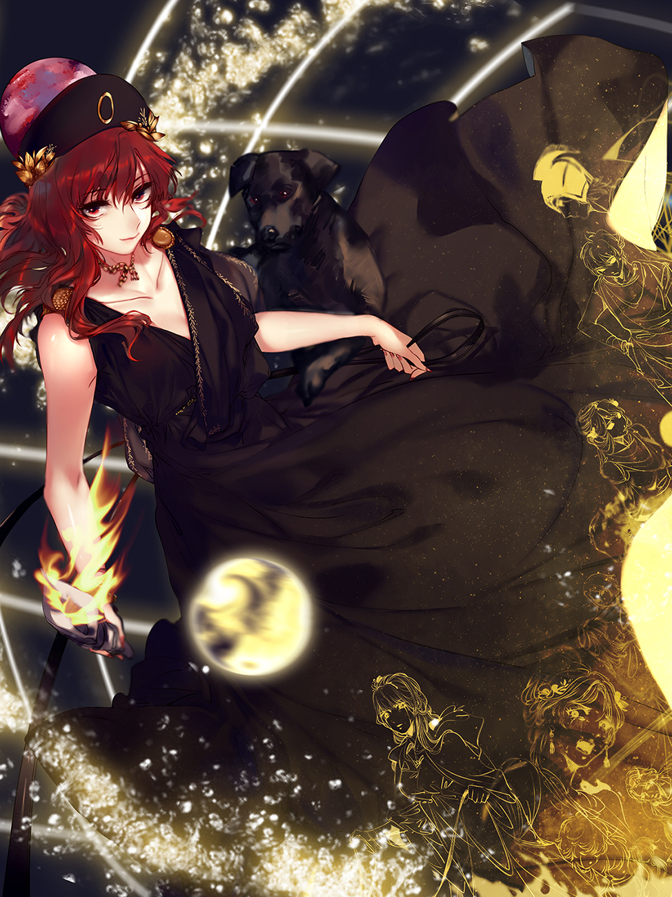 1girl alternate_costume bangs black_dress collarbone commentary dog dress eyebrows eyebrows_visible_through_hair fire from_above hat hecatia_lapislazuli highres hug_(artist) looking_at_viewer polos_crown red_eyes redhead sleeveless sleeveless_dress solo sphere touhou