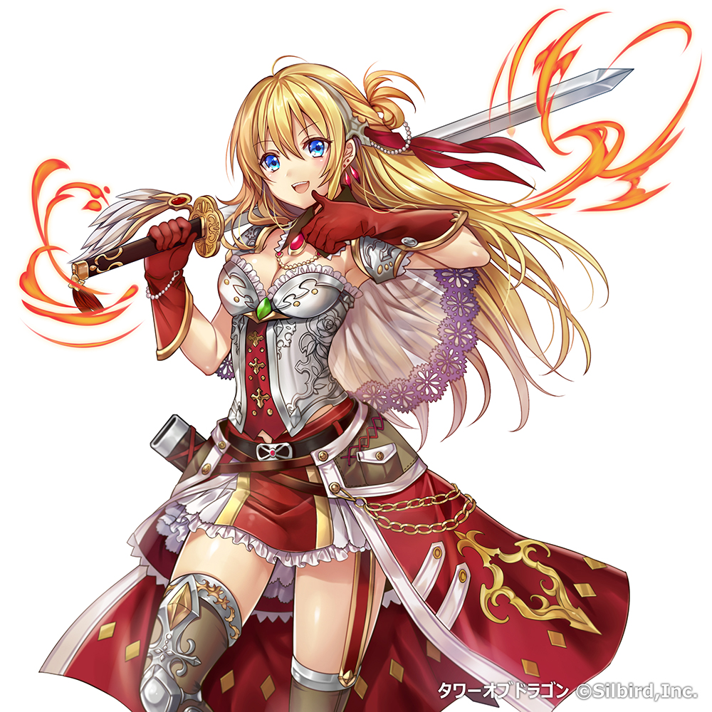 1girl armor bikini_armor blonde_hair blue_hair fire gloves headdress jewelry long_hair looking_at_viewer madogawa necklace official_art original skirt smile solo sword tower_of_dragon weapon