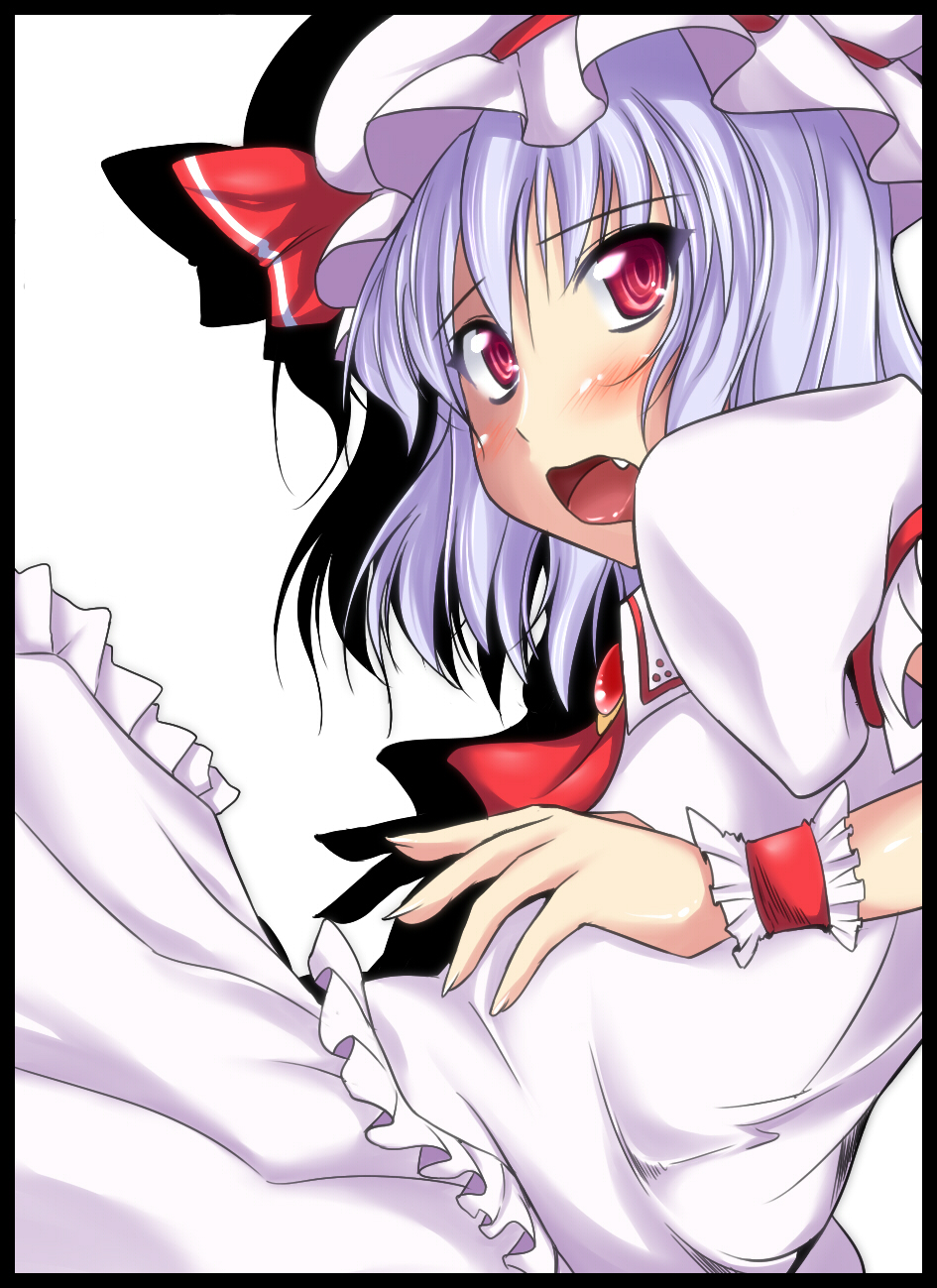 1girl ascot blush commentary_request fang frills hat hat_ribbon highres lavender_hair looking_at_viewer mob_cap open_mouth puffy_short_sleeves puffy_sleeves red_eyes red_ribbon remilia_scarlet ribbon short_sleeves skirt skirt_set solo suteru_(stiel) touhou wrist_cuffs