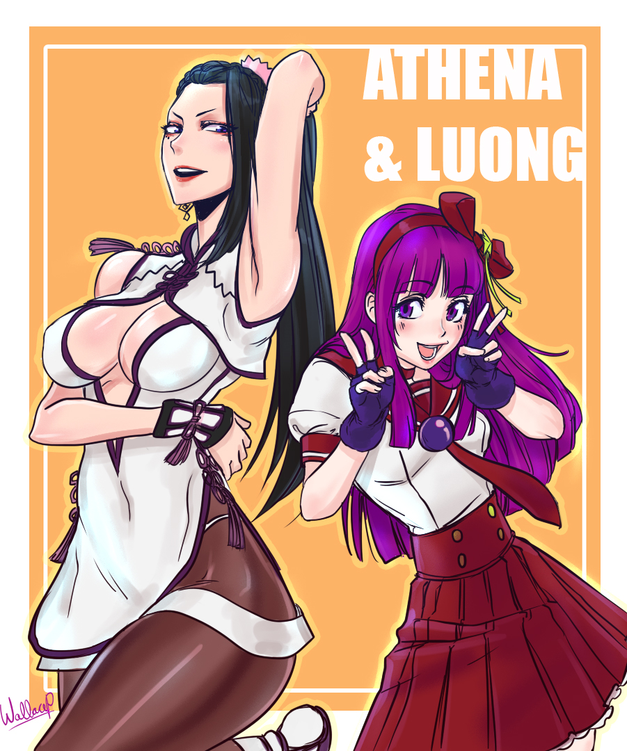 2girls asamiya_athena black_eyes black_hair blush bow breasts cleavage cleavage_cutout dress earrings fingerless_gloves gloves hair_bow hair_ornament hairband jewelry lipstick long_hair looking_at_viewer luong makeup mole mole_under_eye multiple_girls open_mouth pantyhose purple_hair school_uniform serafuku signature skirt smile snk star_hair_ornament the_king_of_fighters the_king_of_fighters_xiv thigh-highs v violet_eyes wallace_pires