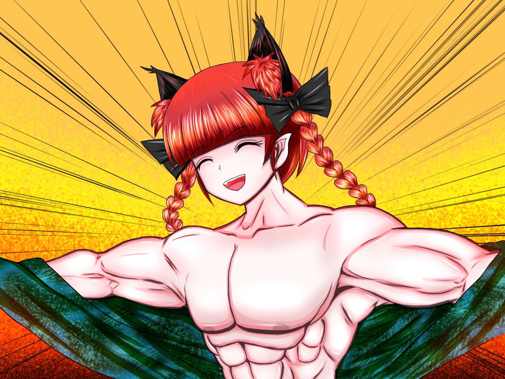 1boy abs animal_ears biceps billy_herrington bow braid cat_ears closed_eyes commentary_request emphasis_lines extra_ears ftm gachimuchi genderswap gradient gradient_background hair_bow kaenbyou_rin muscle open_mouth orange_background parody pointy_ears redhead short_hair smile touhou twin_braids upper_body yagi10 yellow_background