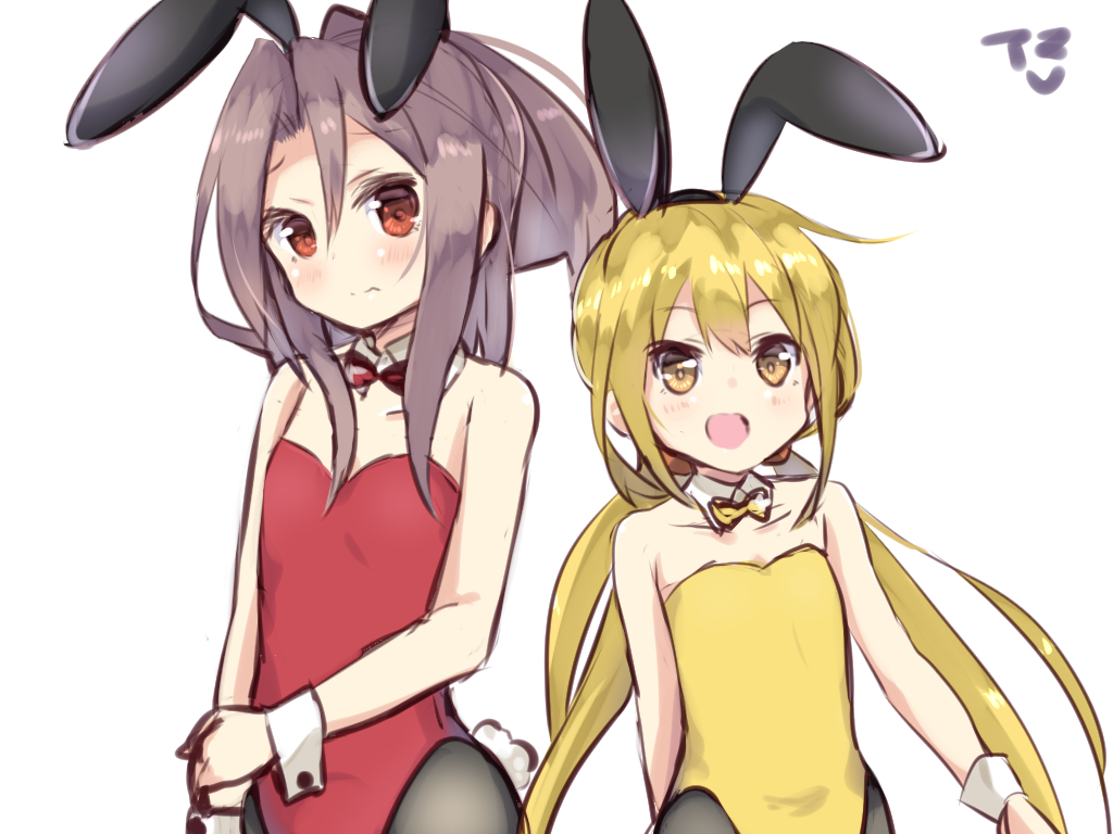 2girls amano_kouki animal_ears bare_shoulders blonde_hair bow bowtie brown_eyes bunny_girl bunny_tail bunnysuit detached_collar fake_animal_ears flat_chest hair_between_eyes kantai_collection leotard light_brown_hair long_hair looking_at_viewer low_twintails multiple_girls open_mouth pantyhose ponytail rabbit_ears satsuki_(kantai_collection) simple_background smile tail twintails white_background wrist_cuffs yellow_eyes zuihou_(kantai_collection)