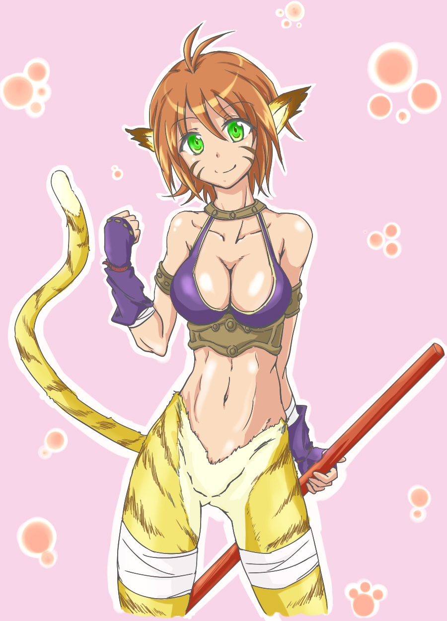 1girl animal_ears blush breasts breath_of_fire breath_of_fire_ii bustier cat_ears cat_tail chigusa cleavage facial_mark furry gloves green_eyes hair_between_eyes highres no_panties no_pants orange_hair pointy_ears rinpoo_chuan short_hair smile solo tail