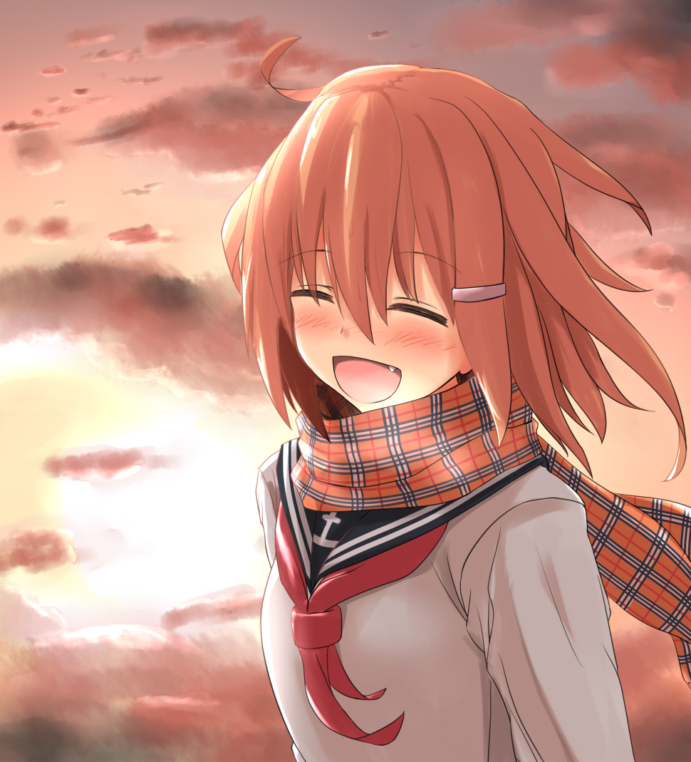 1girl :d ^_^ blush brown_hair closed_eyes clouds commentary_request fang hair_ornament hairclip ikazuchi_(kantai_collection) kantai_collection neckerchief open_mouth outdoors plaid plaid_scarf scarf school_uniform serafuku short_hair smile solo sunset takemitsu-zamurai translation_request