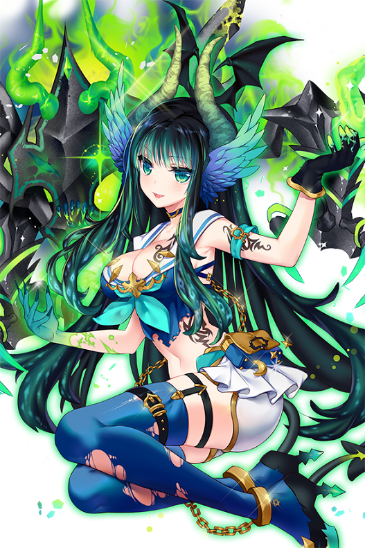 1girl :d armband armpits bittersweet_(dalcoms) black_gloves black_hair blue_legwear blush breasts chain choker cleavage cuffs dragon_girl dragon_horns fingernails garter_straps gloves green_eyes hair_wings horns large_breasts linmay long_fingernails long_hair looking_at_viewer navel open_mouth pouch sailor_collar shackles sharp_fingernails single_glove smile soccer_spirits solo tattoo thigh-highs thigh_strap torn_clothes torn_thighhighs very_long_hair