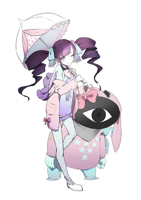 1girl blue_eyes caligula_(game) creature drill_hair eyeball full_body jacket long_hair long_sleeves looking_at_viewer official_art oguchi open_clothes open_jacket parasol purple_hair solo standing sweet-p twin_drills twintails umbrella white_legwear