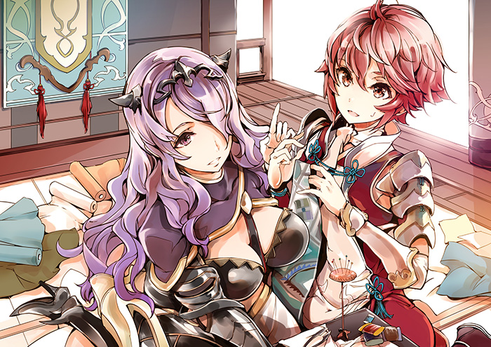 2girls breasts camilla_(fire_emblem_if) cleavage endou_okito fabric fire_emblem fire_emblem_if hair_over_one_eye hinoka_(fire_emblem_if) multiple_girls needle purple_hair redhead sewing_needle violet_eyes