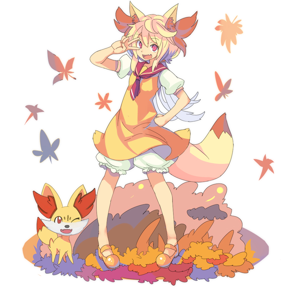 1girl animal_ears autumn_leaves blonde_hair bloomers clenched_hand fennekin fox_ears full_body hand_on_hip icywood mary_janes one_eye_closed open_mouth orange_shoes outdoors personification pokemon pokemon_(creature) red_eyes shoes standing tail underwear v