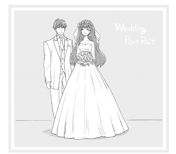 1boy 1girl :3 bouquet breasts bridal_veil chameleon_(ryokucha_combo) cleavage dress english flower formal idolmaster idolmaster_cinderella_girls long_hair monochrome moroboshi_kirari necktie producer_(idolmaster_cinderella_girls_anime) suit veil wedding_dress