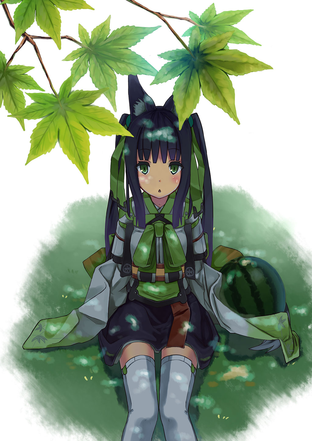 1girl animal_ears blush bow bowtie food fox_ears fox_tail from_above fruit green_eyes hair_ribbon highres inabi japanese_clothes leaf long_hair looking_at_viewer maple_leaf open_mouth original purple_hair ribbon sitting solo tail thigh-highs twintails watermelon white_legwear wide_sleeves