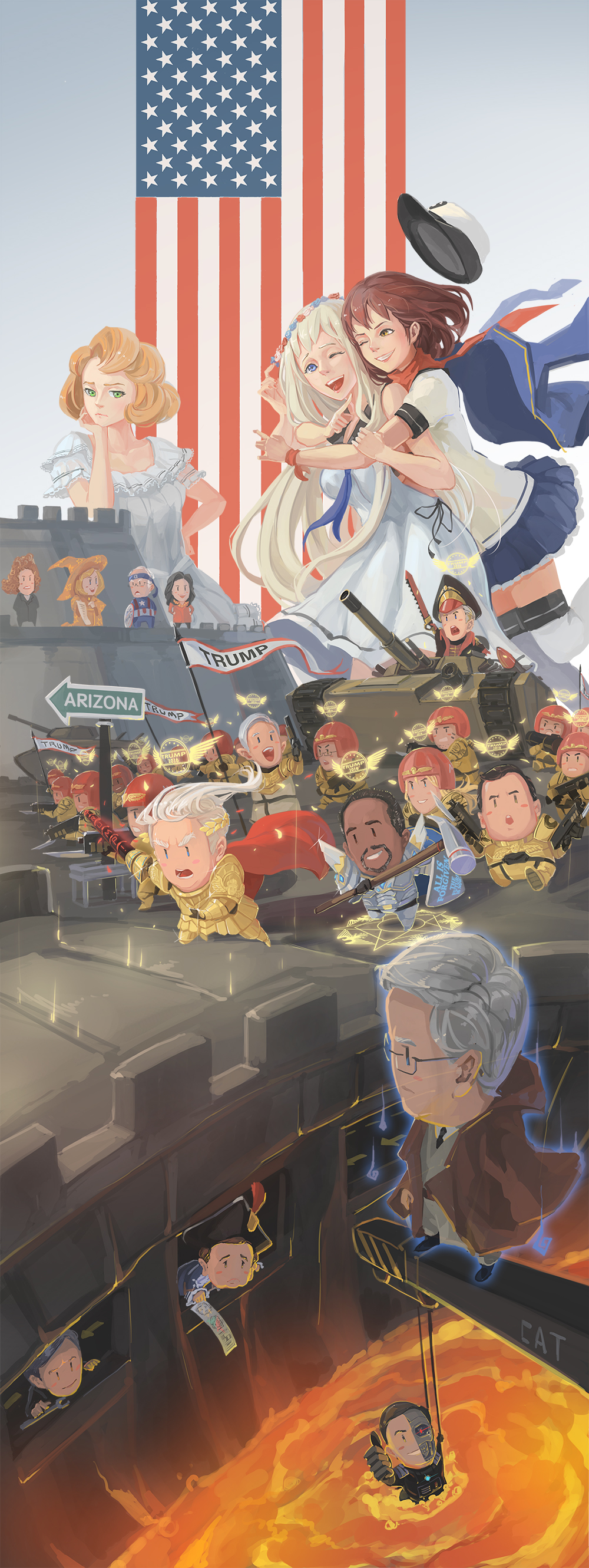 absurdres american_flag apron battle bayonet ben_carson bernie_sanders black_hair blonde_hair blue_eyes blue_skirt captain_america_(cosplay) chibi chris_christie cocktail cocktail_glass commentary_request commissar crane cup debbie_wasserman_schultz donald_trump dreadnought dress drinking_glass ea_(fate/stay_night) emperor_of_mankind_(cosplay) eyes fate/stay_night fate_(series) gilgamesh_(cosplay) green_eyes gun hairband hammer hat hat_removed head_in_hand headwear_removed helmet highres hillary_clinton hug hug_from_behind imperial_guard jeb_bush john_kasich looking_at_viewer magic_circle marco_rubio marvel military military_vehicle milo_yiannopoulos multiple_boys multiple_girls musket one_eye_closed open_mouth orange_hat pacific politician politics real_life rifle sima_naoteng skirt star_wars sword tank ted_cruz terminator thigh-highs tulsi_gabbard uss_arizona_(bb-39) uss_florida_(bb-30) uss_missouri_(bb-63) vehicle warhammer warhammer_40k weapon white_dress white_hair white_legwear witch_hat
