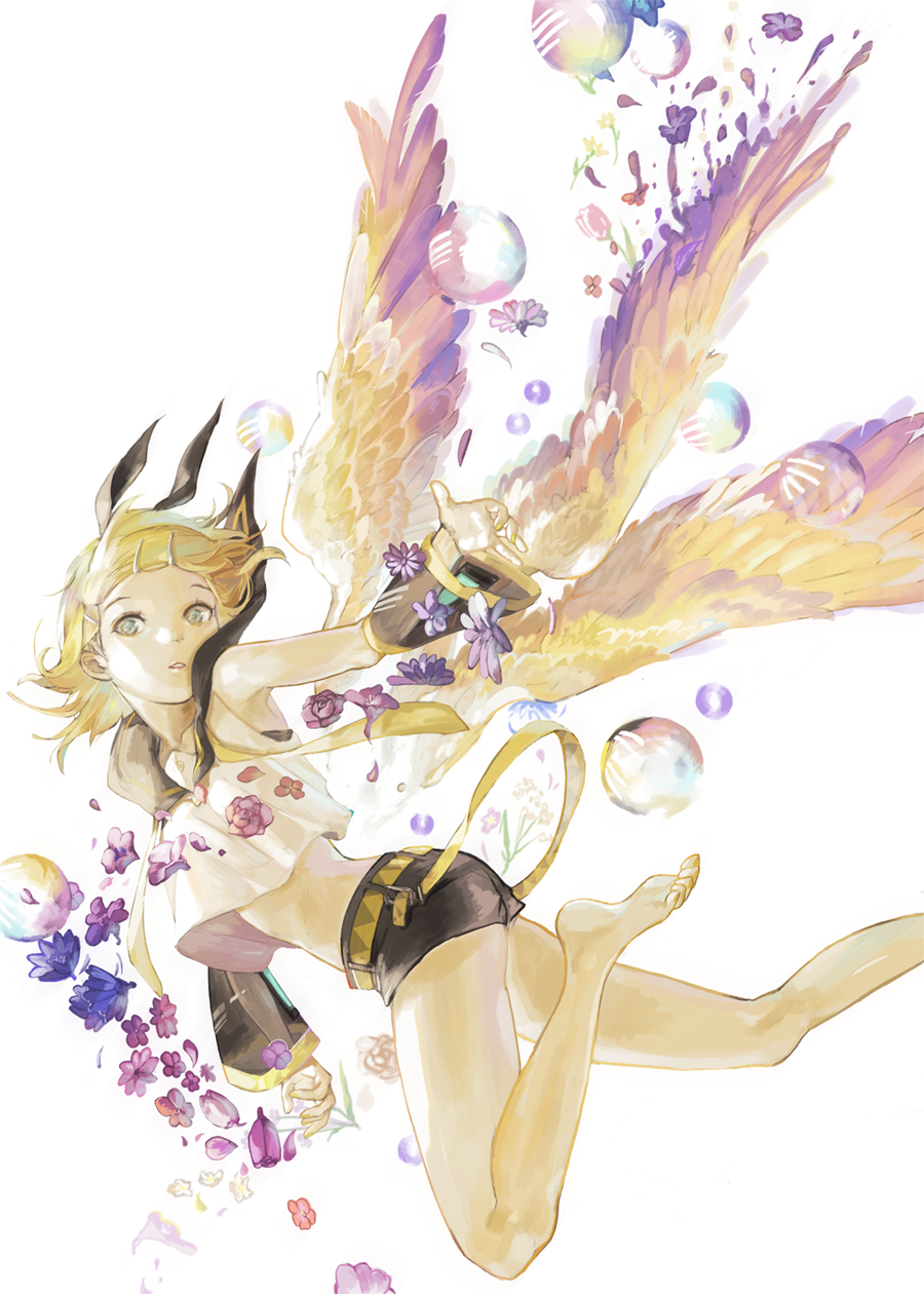 1girl arm_warmers bangs bare_legs barefoot belt black_bow black_shorts blonde_hair blue_eyes blue_flower bow bubble dissolving falling feathered_wings flower hair_bow hair_ornament hairband hairclip highres kagamine_rin lalil-le looking_at_viewer low_wings midriff multiple_wings nail_polish outstretched_arm parted_bangs parted_lips petals pink_flower purple_flower red_flower ribbon rose sailor_collar shade short_hair shorts simple_background sleeveless soles solo treble_clef untied vocaloid wings yellow_nails yellow_ribbon yellow_wings