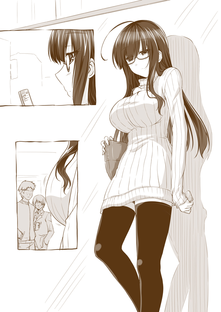 1girl 2boys ahoge bag black_legwear blazer breasts cellphone dress glasses hand_in_pocket handbag impossible_clothes impossible_sweater jacket large_breasts legs long_hair mikage_takashi monochrome multiple_boys original phone ribbed_sweater smartphone sweater sweater_dress thigh-highs thighs zettai_ryouiki