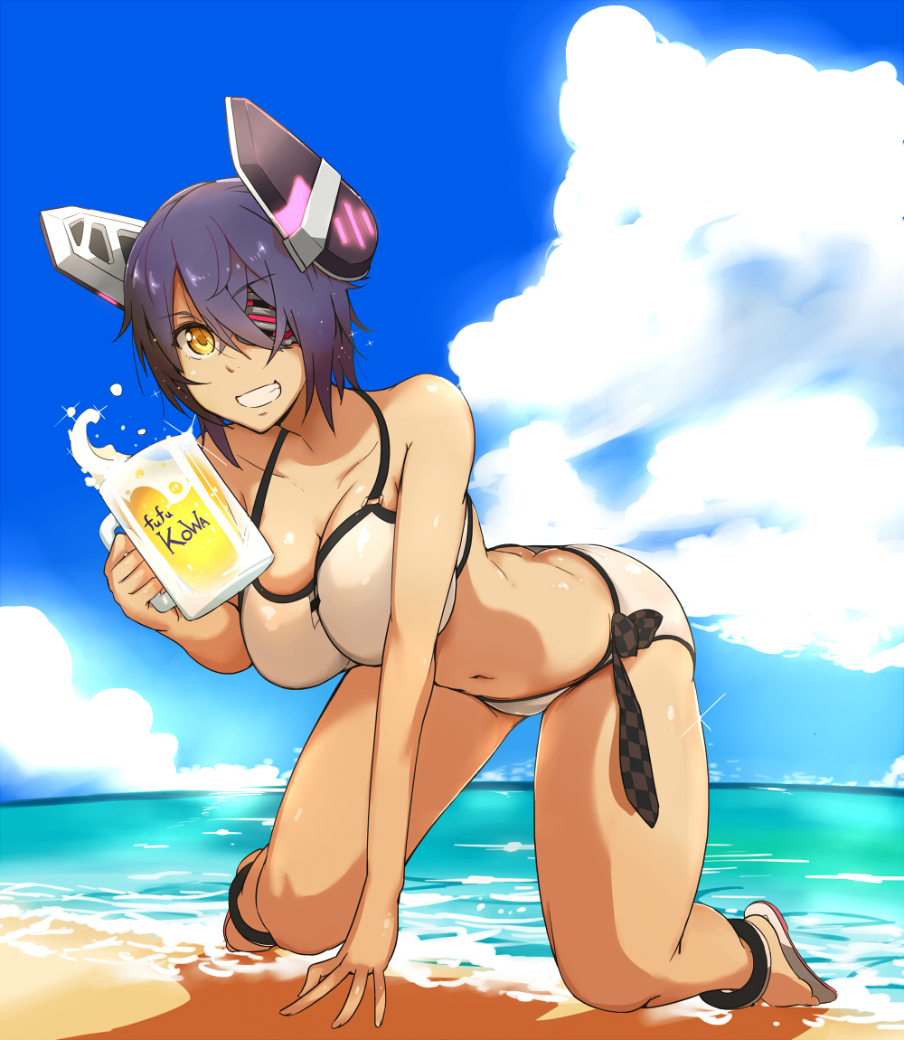 1girl alcohol all_fours ass beach beer beer_mug bikini blue_sky breasts butt_crack checkered checkered_necktie cleavage clouds downpants eyepatch full_body glowing grin headgear holding kantai_collection large_breasts looking_at_viewer navel necktie ocean outdoors purple_hair sand sandals sky smile solo swimsuit tenryuu_(kantai_collection) tokiwa_mmm water white_bikini yellow_eyes