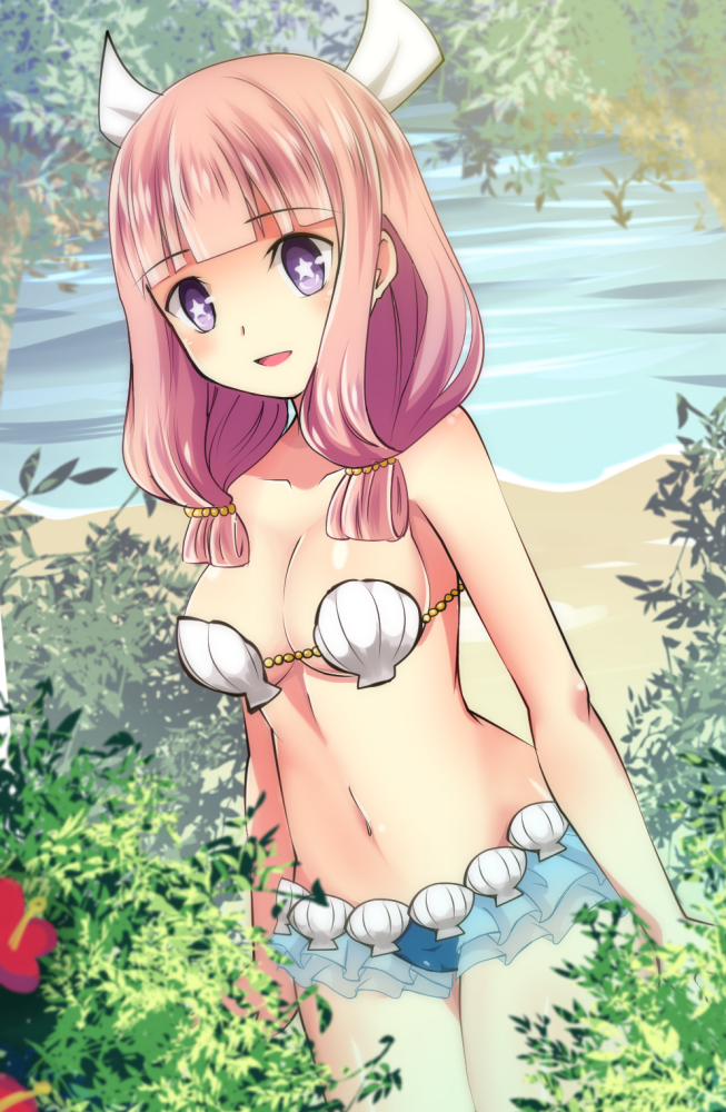 1girl alternate_costume bangs beach bikini blush breasts cleavage fire_emblem fire_emblem_if flower leaf long_hair low_twintails midriff mitama_(fire_emblem_if) navel open_mouth pink_hair shell shell_bikini shira_yu_ki solo star star-shaped_pupils swimsuit symbol-shaped_pupils twintails violet_eyes water