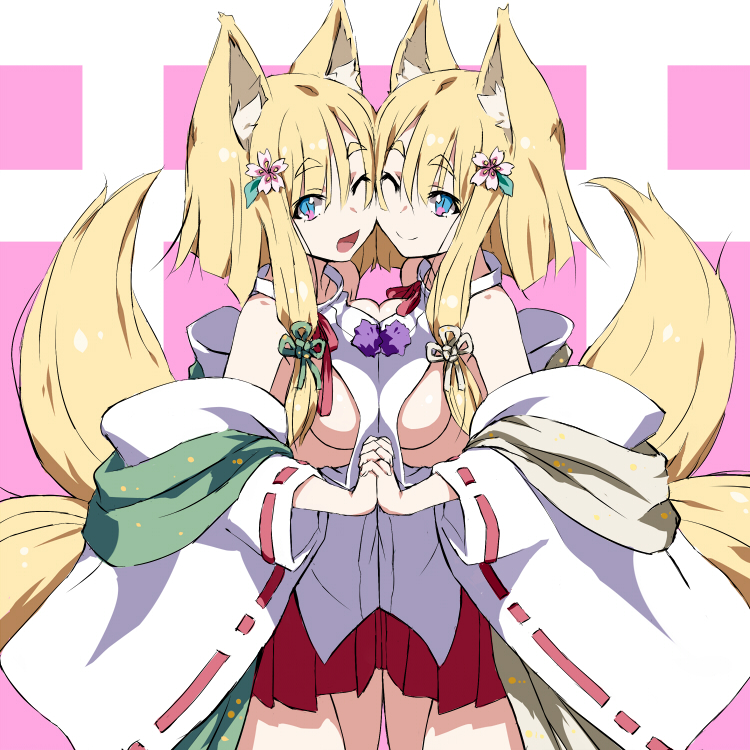 2girls animal_ears bare_shoulders blonde_hair blue_eyes breast_press breasts cheek-to-cheek detached_sleeves eyebrows eyebrows_visible_through_hair flower fox_ears fox_tail hair_flower hair_ornament hands_clasped holding_hands japanese_clothes kitsune miko multiple_girls one_eye_closed open_mouth original pleated_skirt ramuya_(lamb) ribbon ribbon_trim short_hair short_hair_with_long_locks siblings sideboob sidelocks simple_background skirt slit_pupils smile symmetrical_docking tail twins wide_sleeves