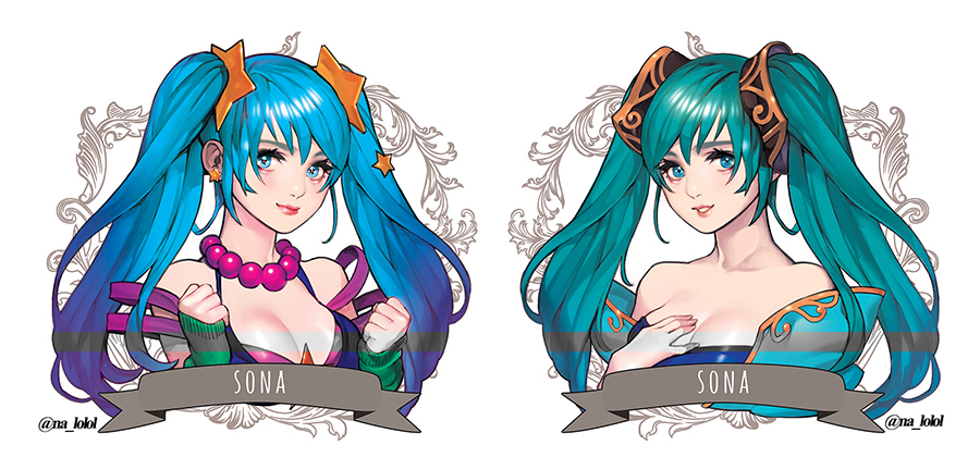 2girls arcade_sona bare_shoulders beads blue_hair breasts character_name cleavage clenched_hands dual_persona earrings green_hair hair_ornament jewelry large_breasts league_of_legends lipstick makeup multiple_girls nabicarol_(na_lolol) prayer_beads red_lipstick smile sona_buvelle star star_earrings star_hair_ornament twintails twitter_username