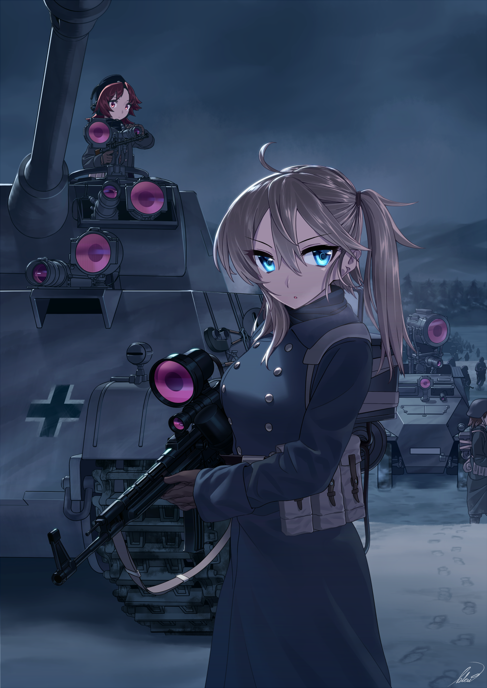 3girls :o ahoge assault_rifle blew_andwhite blonde_hair blue_eyes blurry brown_eyes caterpillar_tracks clouds cloudy_sky coat dark depth_of_field footprints garrison_cap gloves gun half-track hat headset helmet highres hill infrared load_bearing_equipment long_hair looking_to_the_side machine_gun mg34 military military_vehicle multiple_girls night open_mouth original panzerkampfwagen_panther pouch purple_hair rifle scenery scope sdkfz_251 short_hair signature silhouette sky sling snow soldier stg44 tank tree trench_coat twintails vehicle weapon winter winter_clothes winter_coat world_war_ii