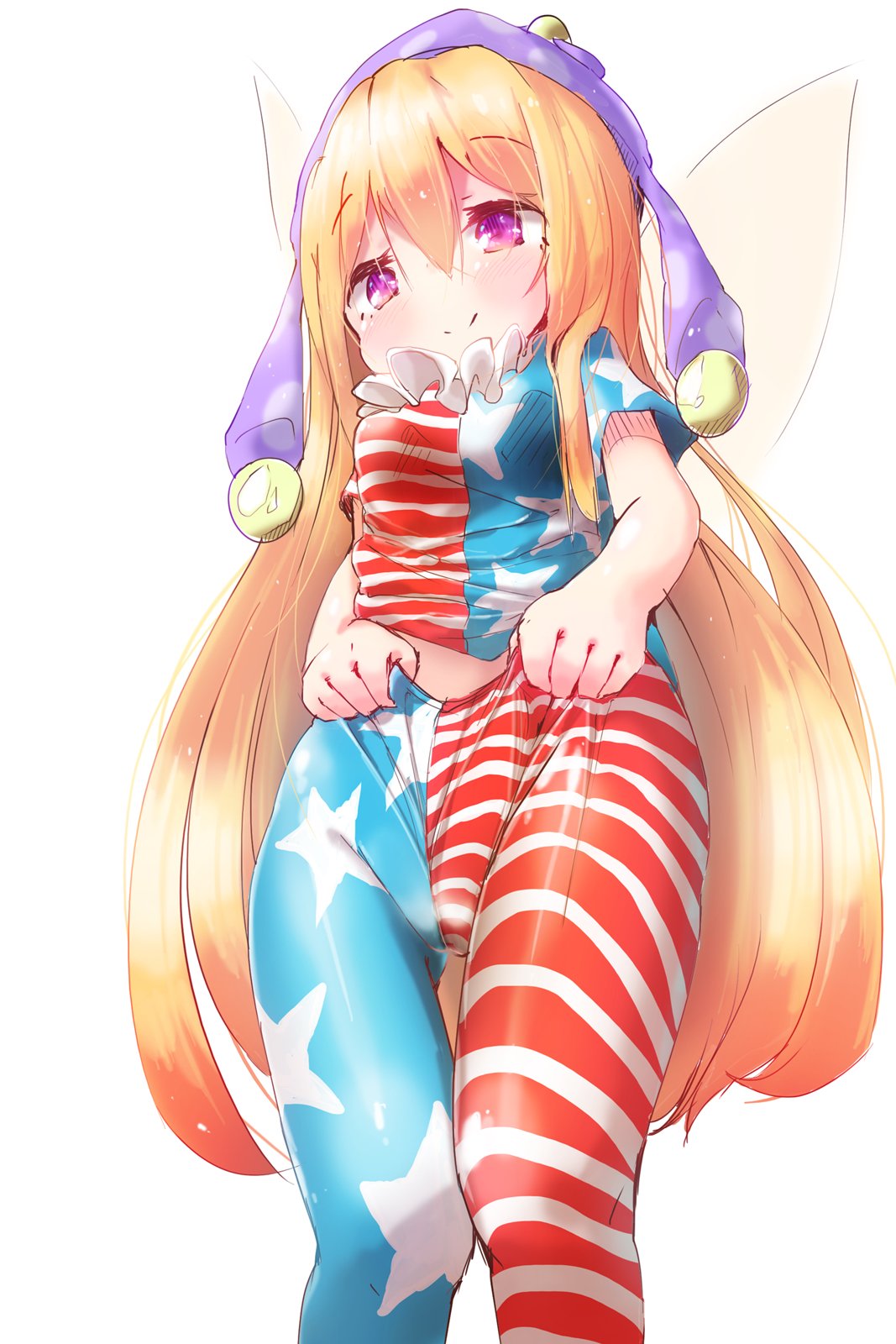 1girl akisha american_flag_legwear american_flag_shirt blonde_hair blush clownpiece collar eyebrows eyebrows_visible_through_hair fairy_wings frilled_collar frills from_below hat highres jester_cap long_hair pantyhose pantyhose_pull pink_hair polka_dot pulled_by_self shirt short_sleeves simple_background solo star striped touhou very_long_hair white_background wings