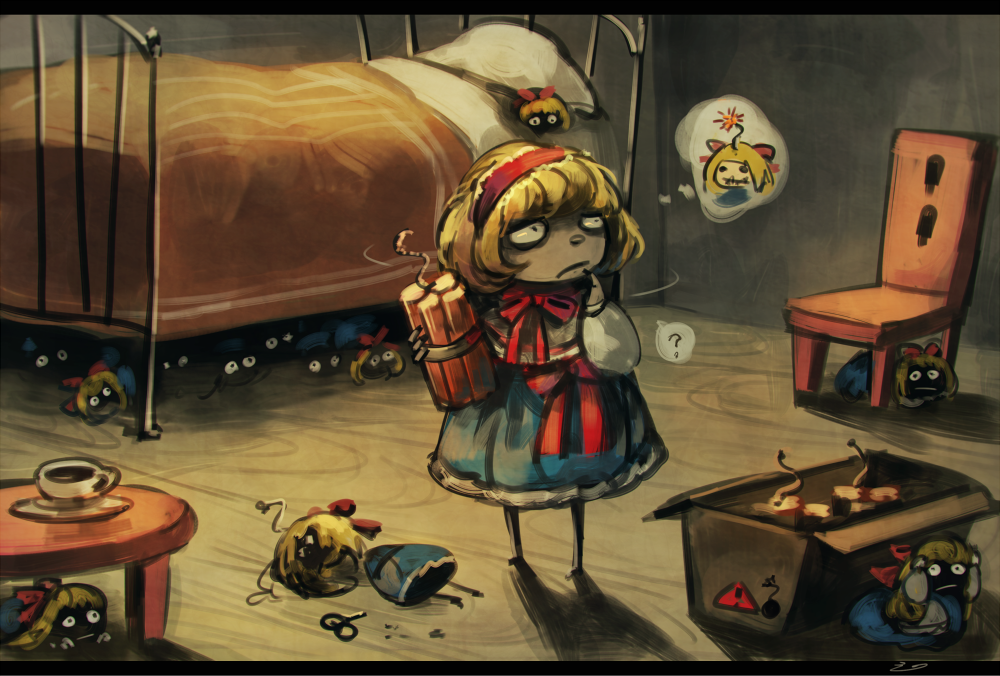 1girl ? alice_margatroid bed blonde_hair box broken capelet cardboard_box chair commentary cowering cup doll dynamite explosive hairband hiding koto_inari looking scared shanghai_doll sign spoken_question_mark table teacup thought_bubble touhou under_bed under_table warning_sign winding_key