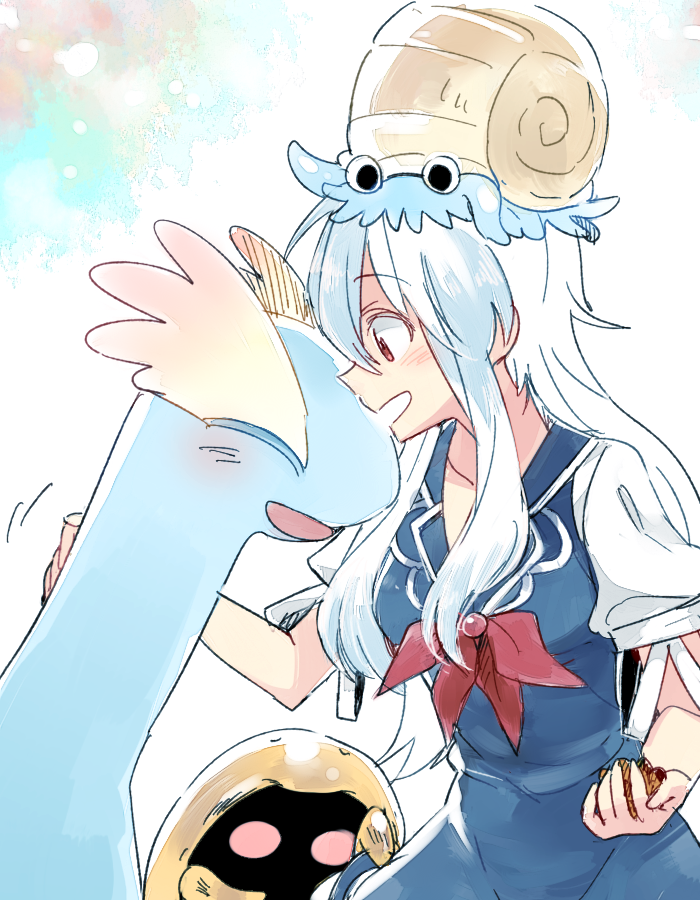 1girl aurorus blue_hair kabuto_(pokemon) kamishirasawa_keine multicolored_hair omanyte pokemon pokemon_(creature) red_eyes silver_hair six_(fnrptal1010) touhou two-tone_hair