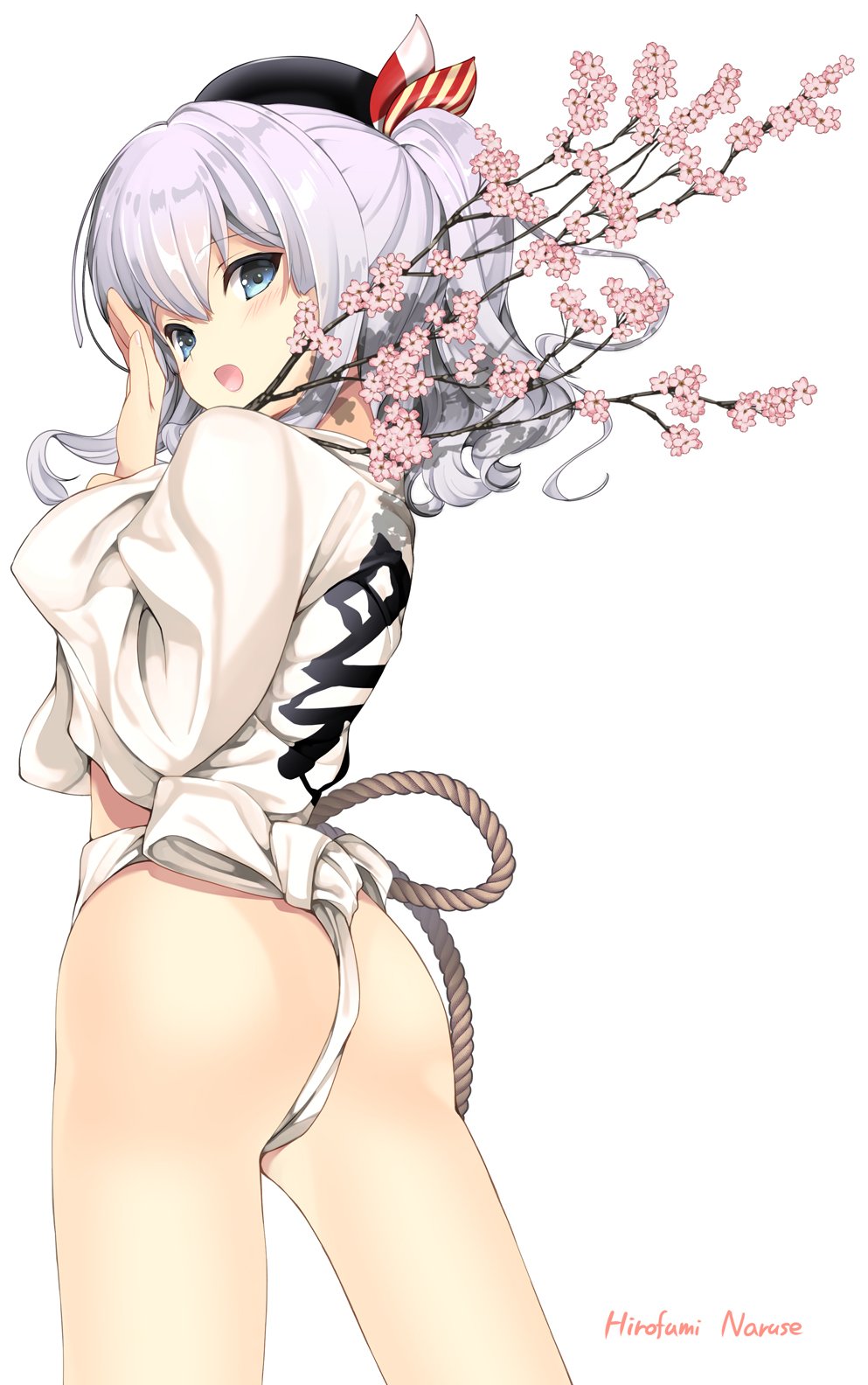 1girl artist_name ass beret cherry_blossoms commentary_request from_behind fundoshi hat highres kantai_collection kashima_(kantai_collection) naruse_hirofumi signature silver_hair solo twintails wavy_hair yamakasa