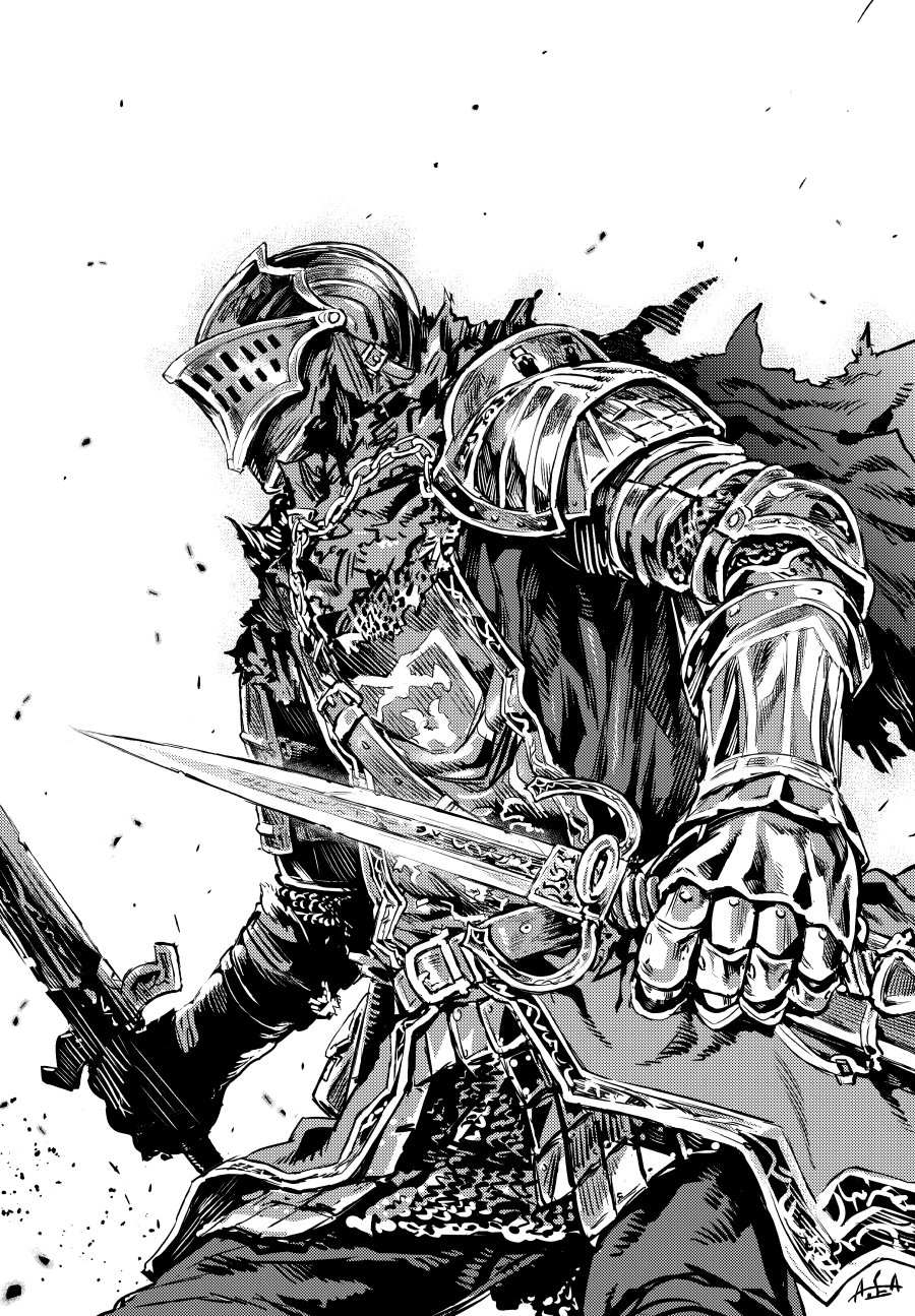 1boy armor asanagi cape dark_souls_3 dual_wielding full_armor gauntlets helmet highres holding holding_sword holding_weapon male_focus monochrome simple_background solo souls_(from_software) sword torn_cape weapon white_background