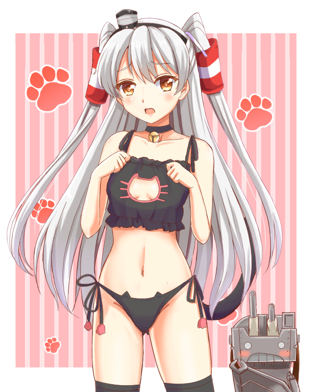 1girl :o alternate_costume amatsukaze_(kantai_collection) ass_visible_through_thighs bangs bell bell_choker black_bra black_legwear black_panties blush blush_stickers bra breasts brown_eyes cat_cutout cat_ear_panties cat_lingerie cat_paws choker cleavage cleavage_cutout clenched_hand collarbone colored_stripes cowboy_shot embarrassed frilled_bra frills hair_tubes hairband headgear jingle_bell kantai_collection legs_apart lingerie long_hair looking_at_viewer machinery navel o_o ookawa_wataru open_mouth outside_border panties parted_bangs paw_print paws pink_background raised_eyebrows rensouhou-kun robot silver_hair small_breasts standing striped thigh-highs turret underwear underwear_only vertical-striped_background vertical_stripes very_long_hair