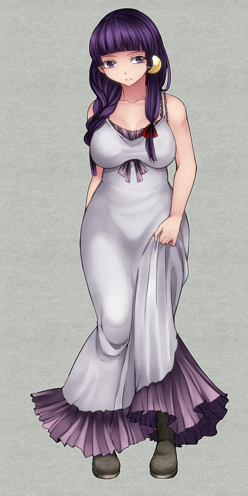 1girl alternate_costume alternate_hairstyle aoshima bangs bare_shoulders blunt_bangs braid breasts collarbone commentary_request dress highres lavender_dress parted_lips patchouli_knowledge purple_hair simple_background single_braid sleeveless sleeveless_dress solo touhou violet_eyes