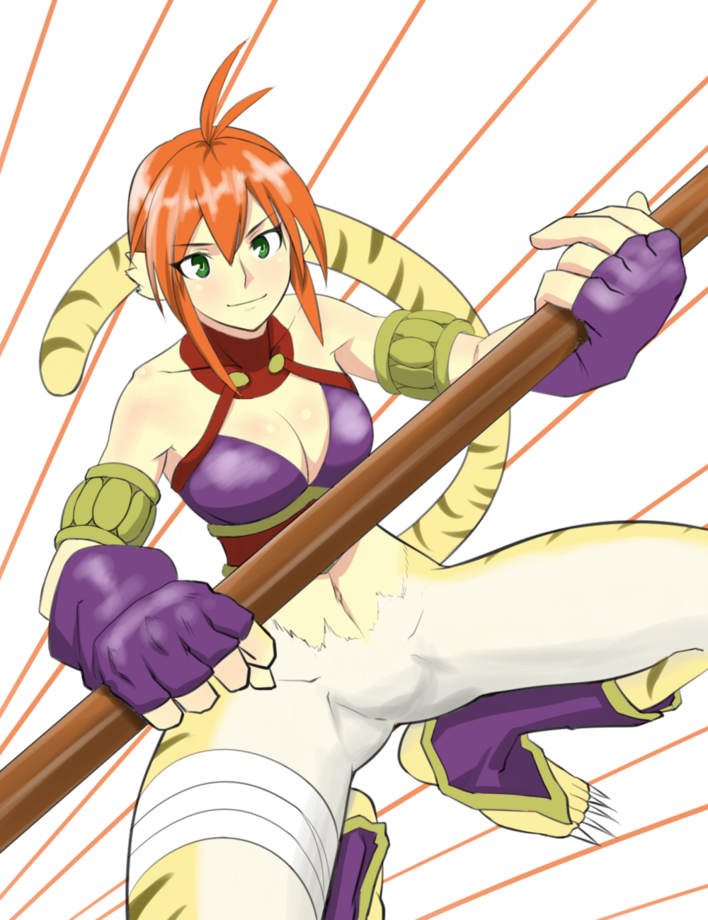 1girl animal_ears blush breasts breath_of_fire breath_of_fire_ii bustier cat_ears cat_tail claws cleavage facial_mark full_body furry gloves green_eyes hakuyou-choun highres no_panties no_pants orange_hair pointy_ears redhead rinpoo_chuan sharp_toenails short_hair solo staff striped tail