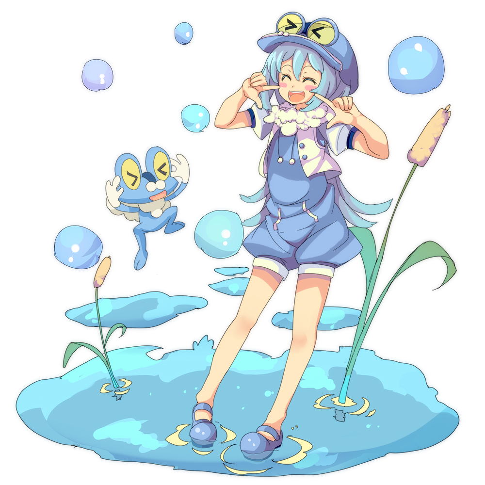 1girl ^_^ blue_clothes blue_hair blue_shoes blush_stickers bubble cattail closed_eyes froakie full_body goggles_on_hat icywood jumping long_hair mary_janes open_mouth outdoors personification plant pointing pointing_at_self pokemon pokemon_(creature) shoes smile standing water yellow_eyes