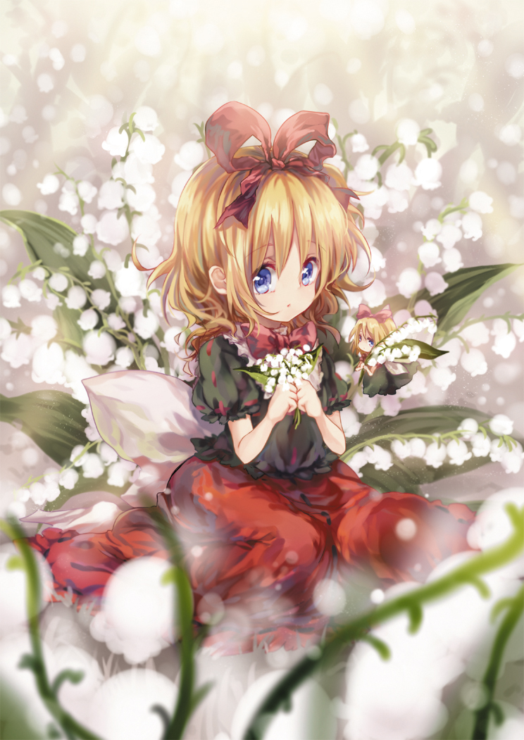 1girl blonde_hair blue_eyes bow bowtie dqn_(dqnww) field flower flower_field hair_bow hair_ribbon lily_of_the_valley looking_at_viewer medicine_melancholy puffy_sleeves ribbon shirt short_hair short_sleeves sitting skirt solo su-san touhou