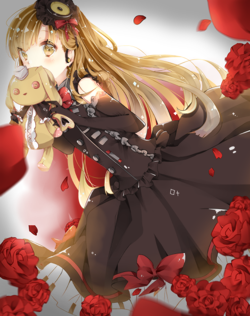 1girl ambiguous_red_liquid bangs black_dress black_gloves blonde_hair blurry blush bow button_eyes covered_mouth cowboy_shot depth_of_field dress dutch_angle earphones elbow_gloves flower frills gloves gradient gradient_background hair_ornament holding_stuffed_animal kaede_(fuyuka) long_hair looking_at_viewer mayu_(vocaloid) motion_blur petals piano_print red_bow red_flower red_rose rose sleeveless solo stuffed_animal stuffed_bunny stuffed_toy torn_clothes vocaloid yellow_eyes zipper