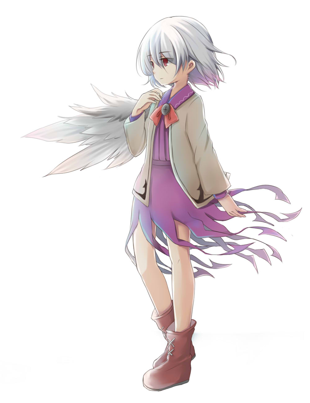 1girl boots bow bowtie dress ellipsis_(mitei) highres jacket kishin_sagume long_sleeves open_clothes purple_dress red_eyes shirt short_hair silver_hair single_wing solo touhou wings