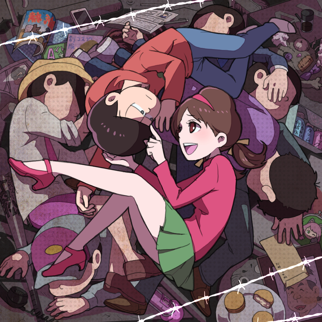 1girl 6+boys :d ^_^ akatsuka_fujio arm_up back bag bangs baseball_bat baseball_cap black_hair book bottle bow box briefs brothers brown_hair brown_shoes button_eyes cable casual cat cellphone closed_eyes closed_mouth corded_phone employee_uniform empty_eyes eye_contact eyelashes food formal frame green_skirt hair_ribbon hairband hand_on_another's_head hashimoto_nyaa hat high_heels hood hood_down hoodie index_finger_raised letter light_frown long_sleeves looking_at_another lotion_bottle lying lying_on_person maedatomoko magazine matsuno_choromatsu matsuno_ichimatsu matsuno_juushimatsu matsuno_karamatsu matsuno_osomatsu matsuno_todomatsu mechanical_pencil multiple_boys necktie no_eyes no_shoes on_back on_side on_stomach open_mouth osomatsu-kun osomatsu-san paper pencil phone photo_(object) pink_necktie pink_shirt pink_shoes pink_shorts plate poking print_shirt purple_bow red_eyes ribbon sextuplets shade shirt shoes short_twintails siblings signature skirt smile socks spikes stitches stuffed_animal stuffed_cat stuffed_toy suit teeth trash turtleneck twintails umbrella underwear underwear_removed uniform white_legwear white_shirt wire yellow_bow yowai_totoko
