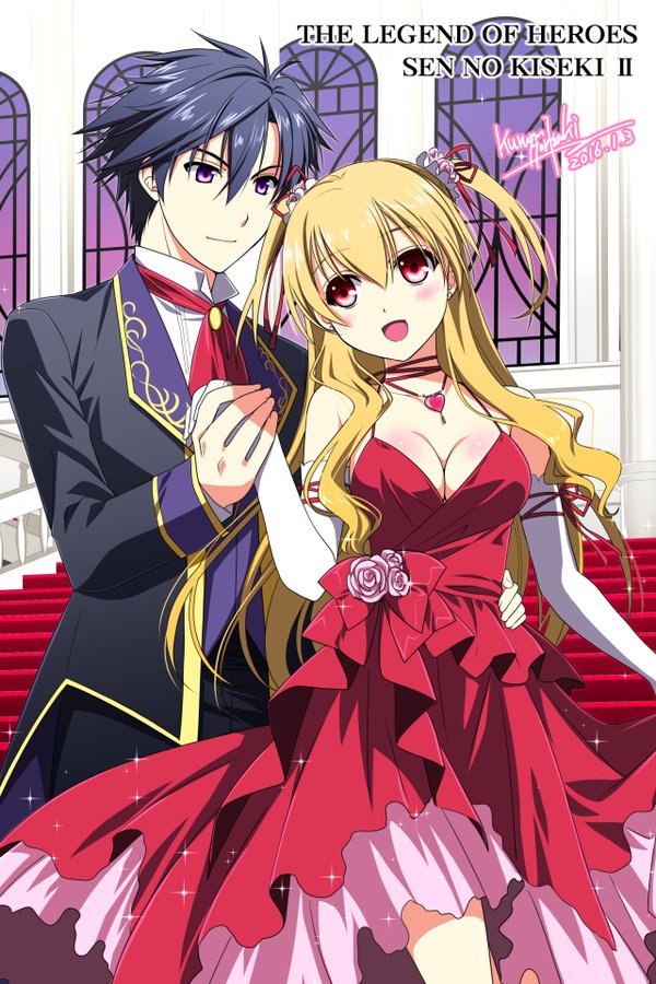 1boy 1girl :d alisa_reinford alternate_costume artist_name bare_shoulders black_hair blonde_hair breasts cleavage copyright_name dated dress eiyuu_densetsu elbow_gloves evening_gown eyebrows eyebrows_visible_through_hair flower_ornament gloves hand_on_another's_hip heart heart_necklace holding_hands jewelry long_dress long_hair looking_at_another morisaki_kurumi necklace open_mouth rean_schwartzer red_dress red_eyes sen_no_kiseki sen_no_kiseki_2 sleeveless sleeveless_dress smile sparkle spiky_hair two_side_up violet_eyes