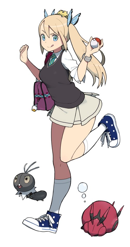 1girl :q accho_(macchonburike) bag blue_eyes bracelet butterfly_hair_ornament full_body hair_ornament jewelry joltik kneehighs leg_up light_brown_hair long_hair necktie poke_ball pokemon pokemon_(creature) scatterbug school_uniform shoes shoulder_bag side_ponytail simple_background skirt sleeves_pushed_up sneakers solo standing_on_one_leg striped striped_necktie tongue tongue_out venipede vest white_background white_legwear