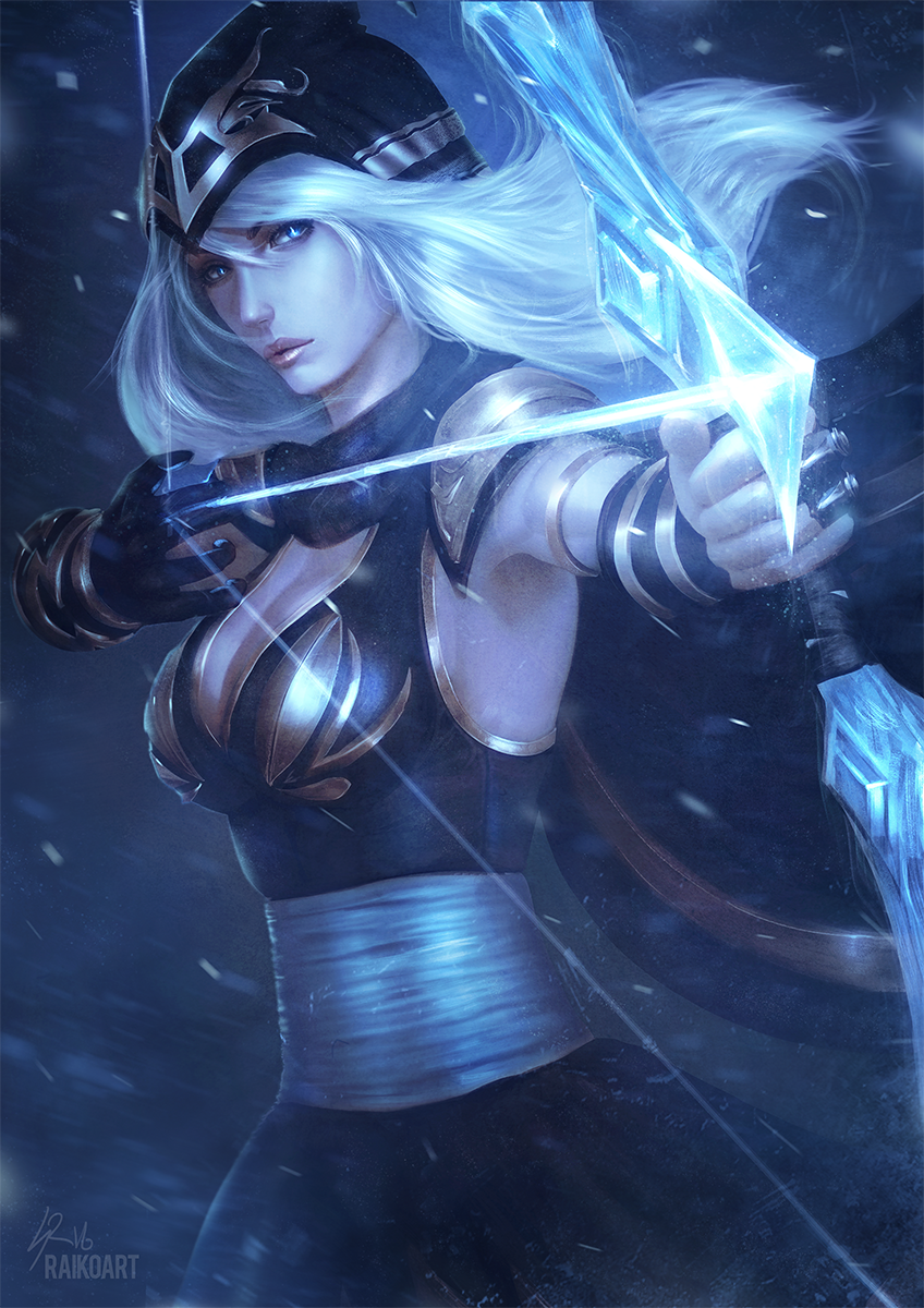 1girl armpits arrow artist_name ashe_(league_of_legends) blue_background blue_eyes bow_(weapon) breasts cleavage glowing glowing_weapon highres hood league_of_legends raikoart snow solo weapon white_hair