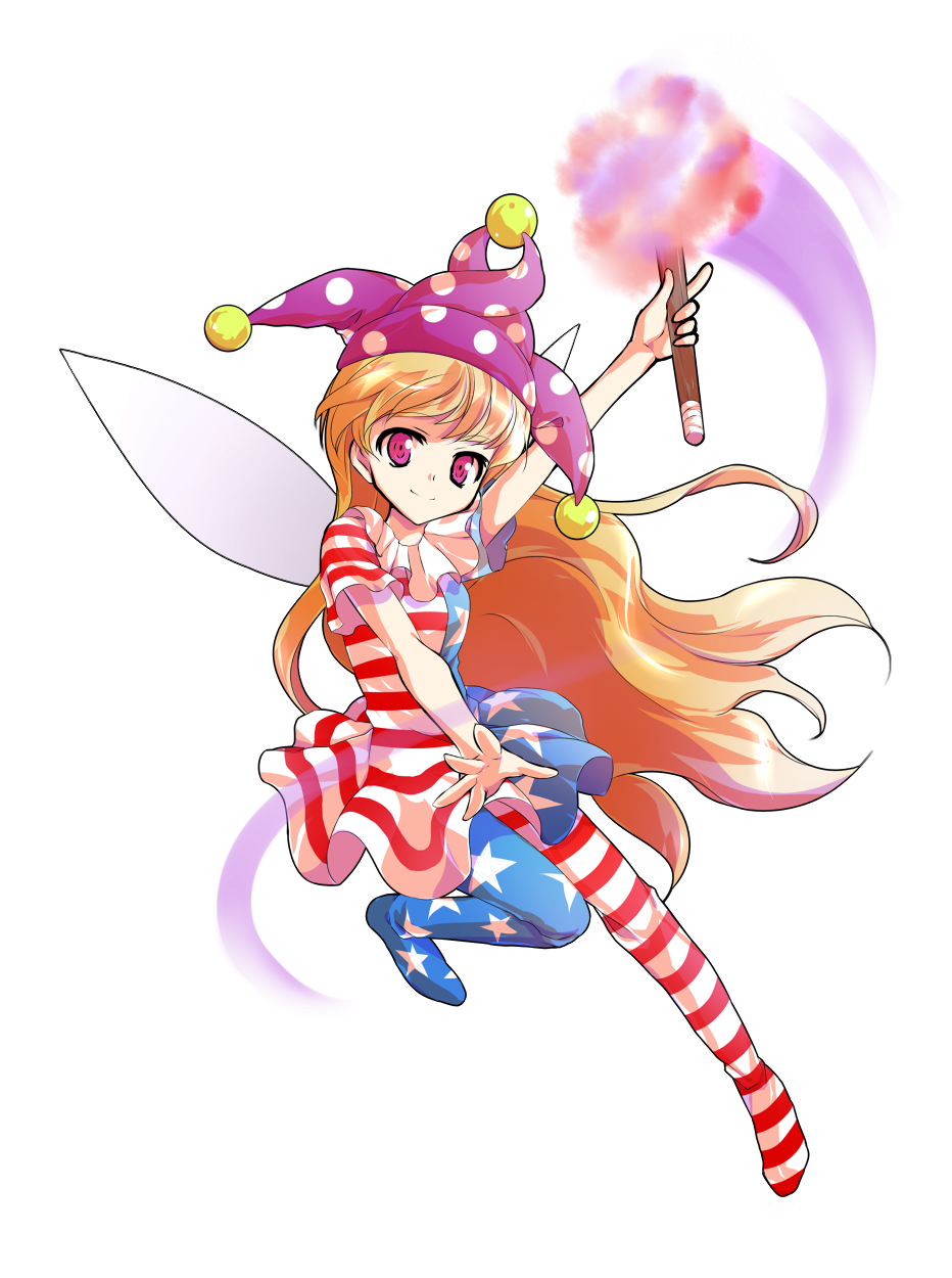 1girl alphes_(style) american_flag_legwear american_flag_shirt arm_up bangs blonde_hair closed_mouth clownpiece collar dairi fairy_wings fire frilled_collar frills full_body hat highres jester_cap long_hair looking_at_viewer outstretched_arms pantyhose parody pink_eyes polka_dot shirt short_sleeves smile solo star striped style_parody tachi-e torch touhou transparent_background very_long_hair wings