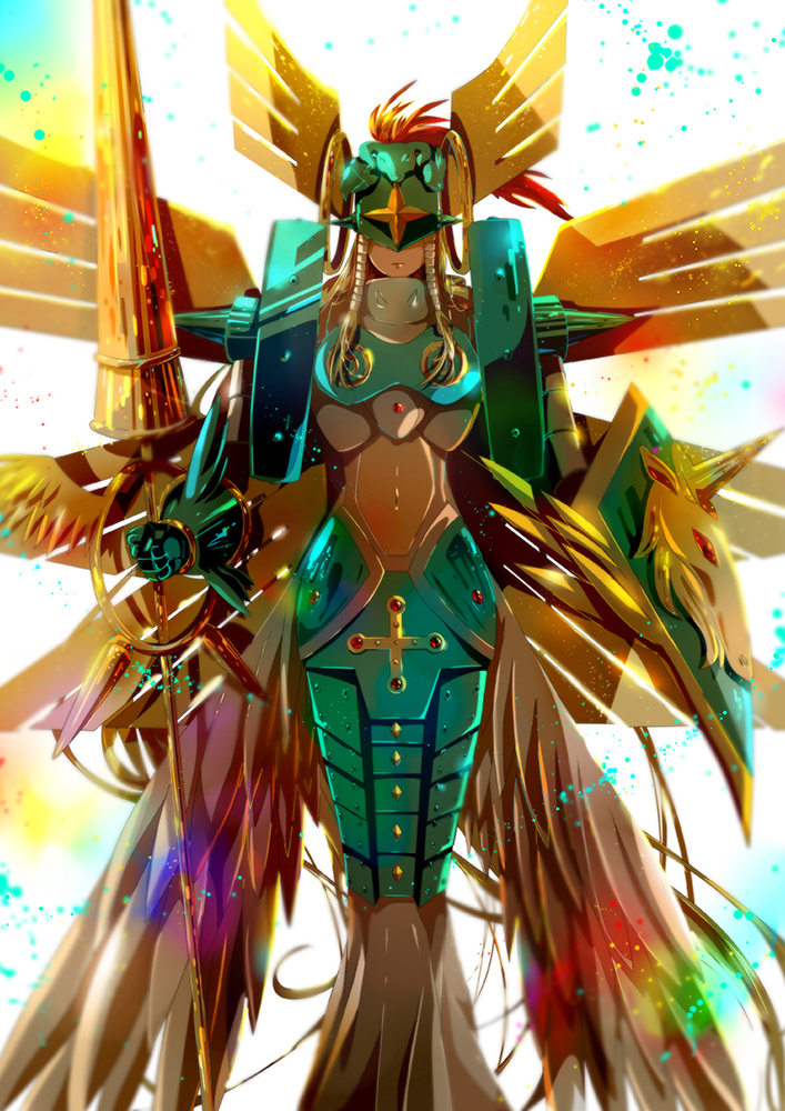 angel angel_wings armor artificial_wings backlighting breastplate covered_eyes digimon full_armor gauntlets golden_wings helmet helmet_over_eyes knight midriff navel no_humans ophanimon pauldrons polearm shield spear weapon white_wings wings winni